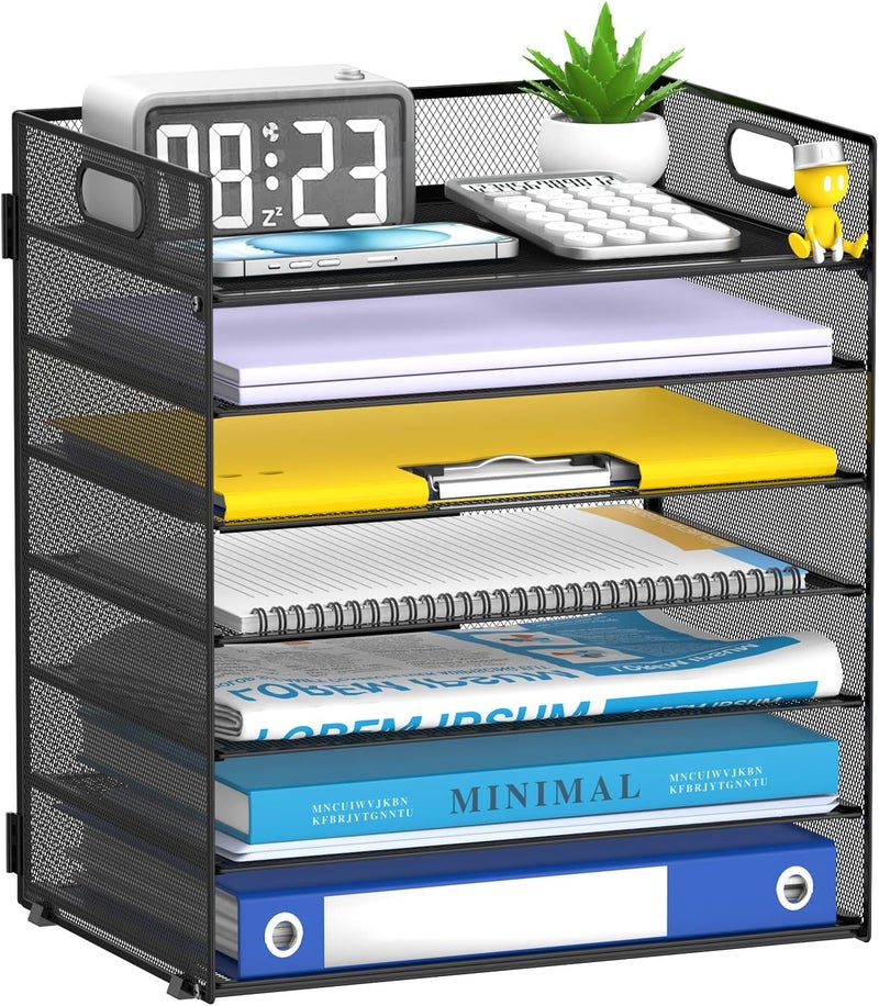 ReePlan 7-Tier Paper Organizer for Desk, Letter Tray with Handle Mesh Desk File Organizer, Workspace Organizers, Paper Sorter Organizer for Office Home School (Black) - Image 1
